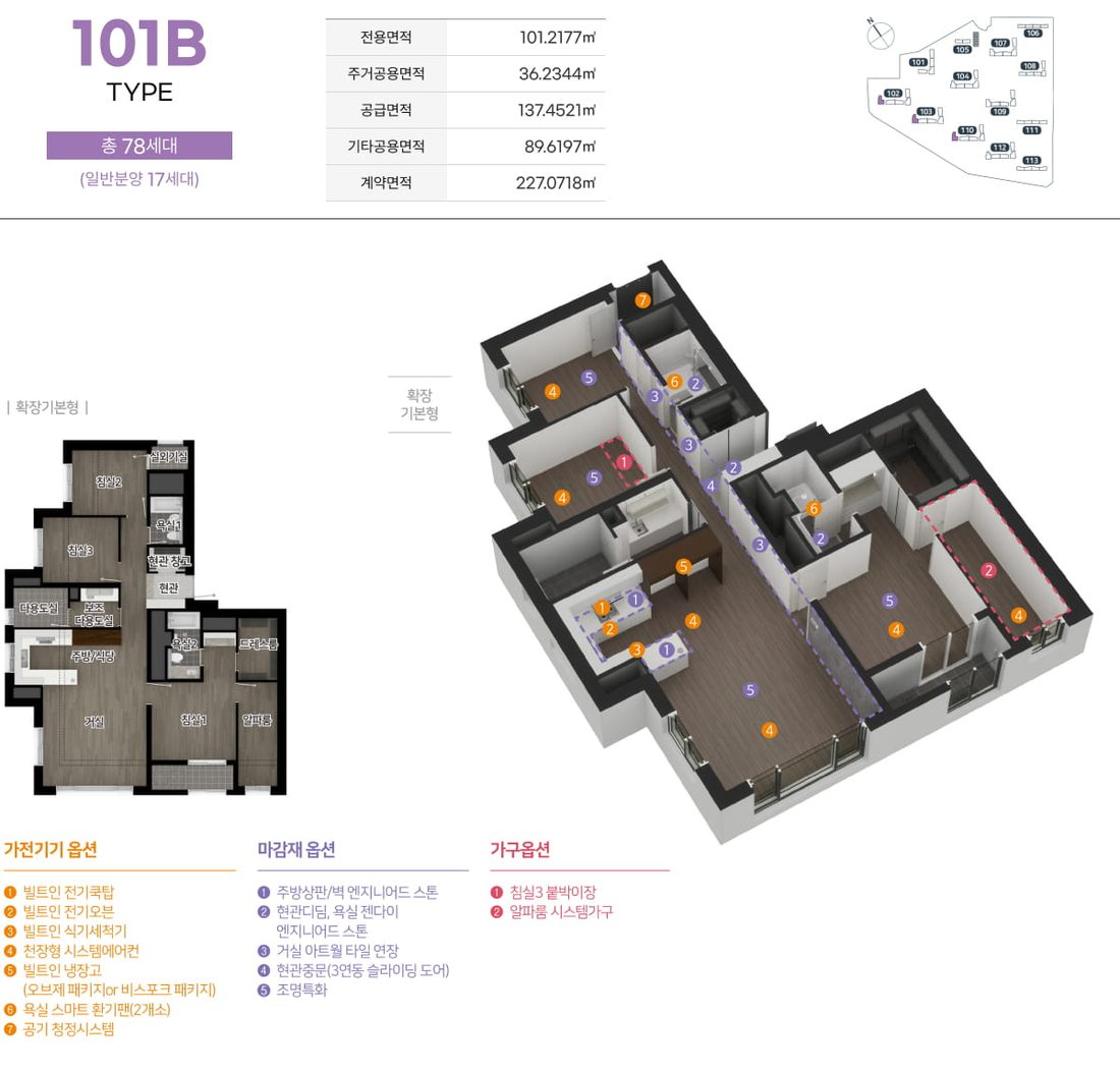101B 타입 평면도, 면적표·3D 평면·확장 기본형 평면·옵션