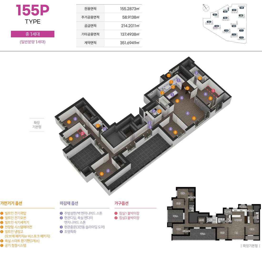 155P 타입 평면도, 면적표·3D 평면·확장 기본형 평면·옵션
