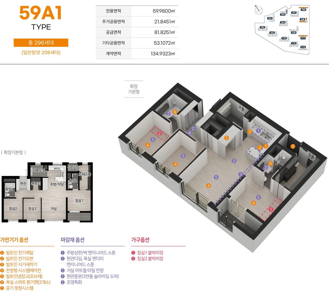 59A1 타입 평면도, 면적표·3D 평면·확장 기본형 평면·옵션
