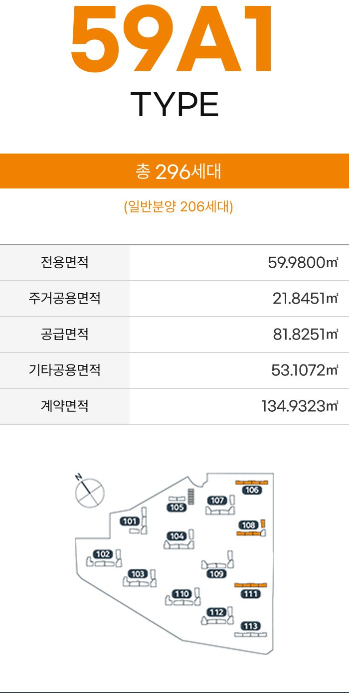 59A1 타입 면적표와 세대수·동 위치