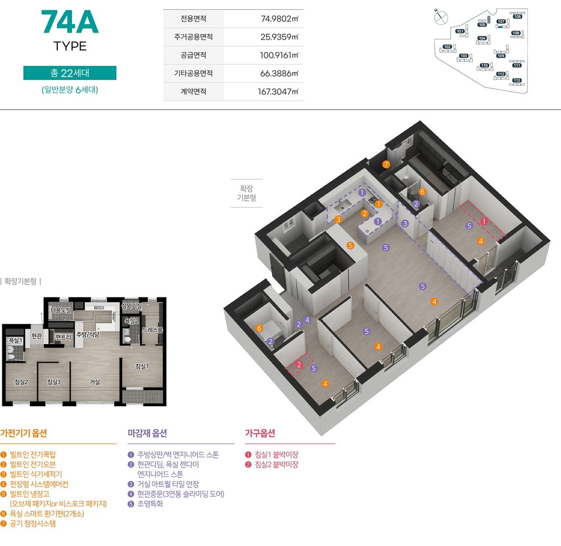 74A 타입 평면도, 면적표·3D 평면·확장 기본형 평면·옵션