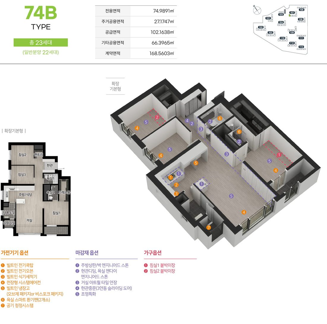 74B 타입 평면도, 면적표·3D 평면·확장 기본형 평면·옵션
