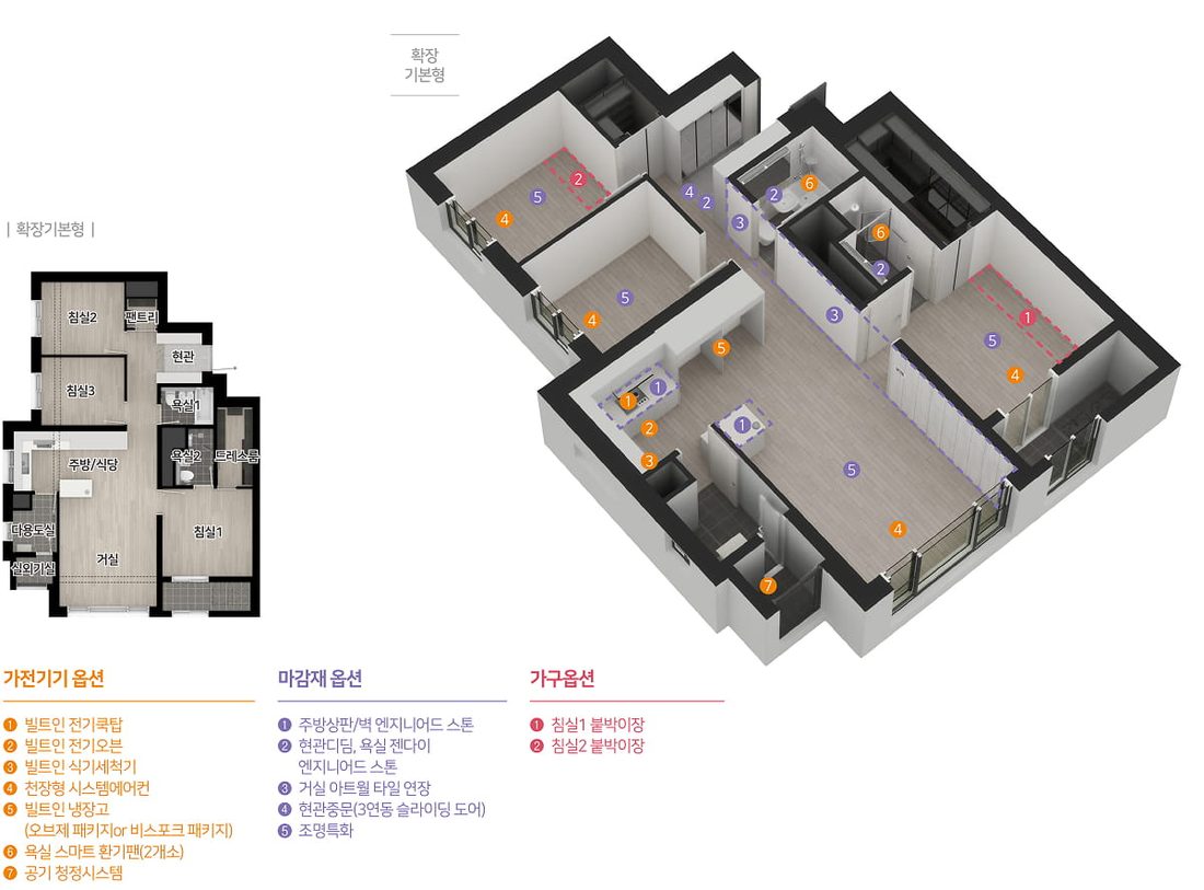 74B 타입 평면도, 3D 평면·확장 기본형 평면·옵션