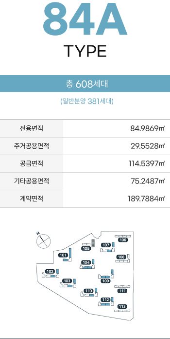 84A 타입 면적표와 세대수·동 위치