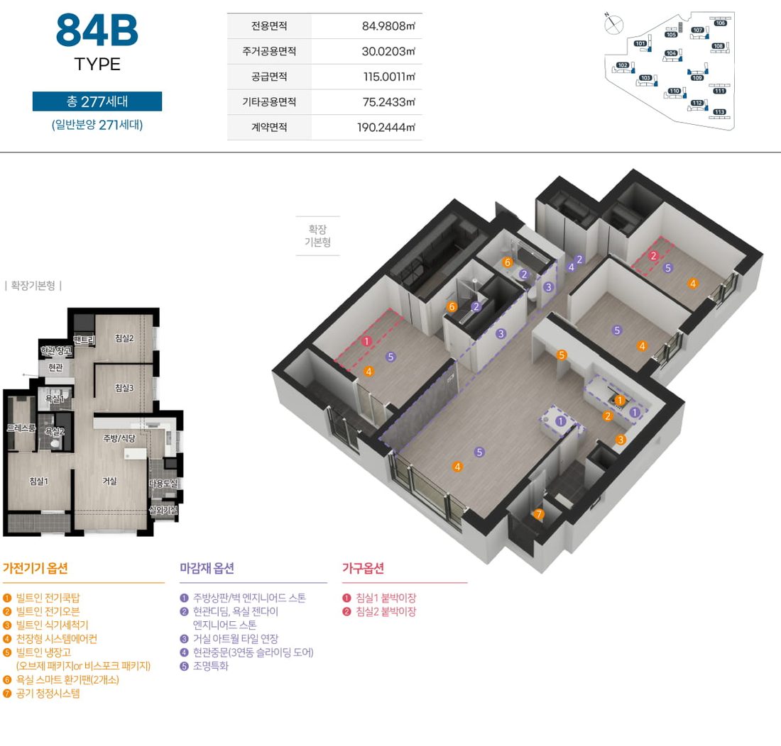 84B 타입 평면도, 면적표·3D 평면·확장 기본형 평면·옵션