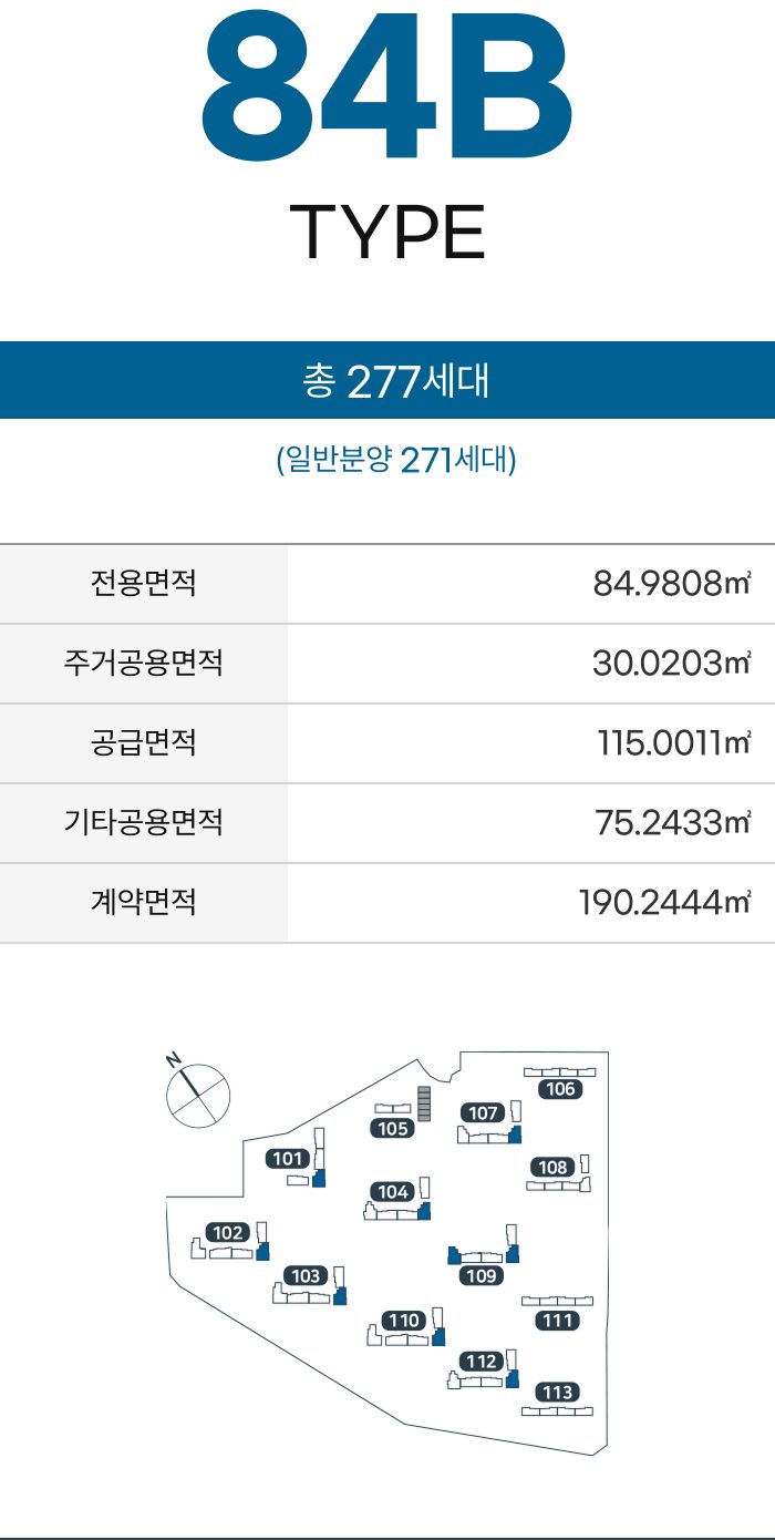 84B 타입 면적표와 세대수·동 위치