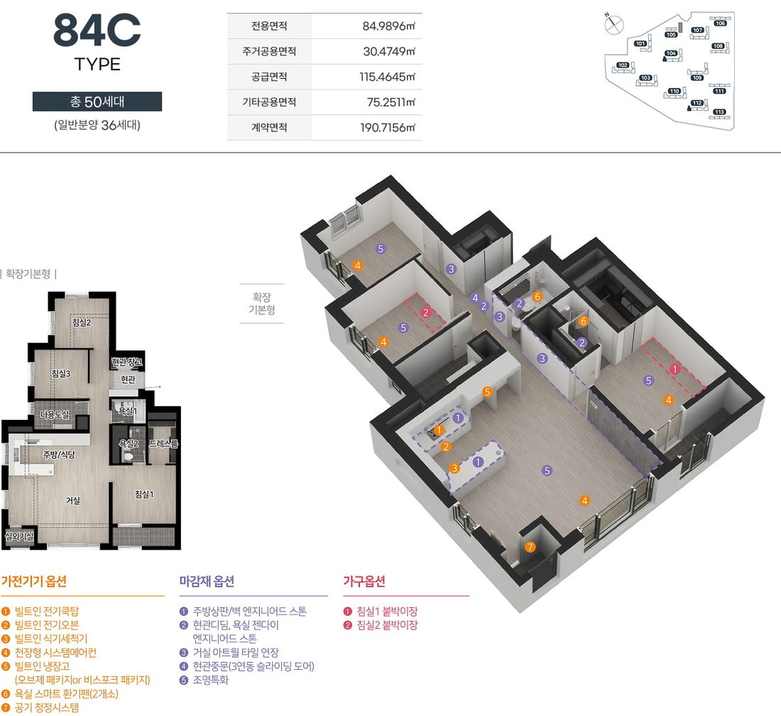 84C 타입 평면도, 면적표·3D 평면·확장 기본형 평면·옵션